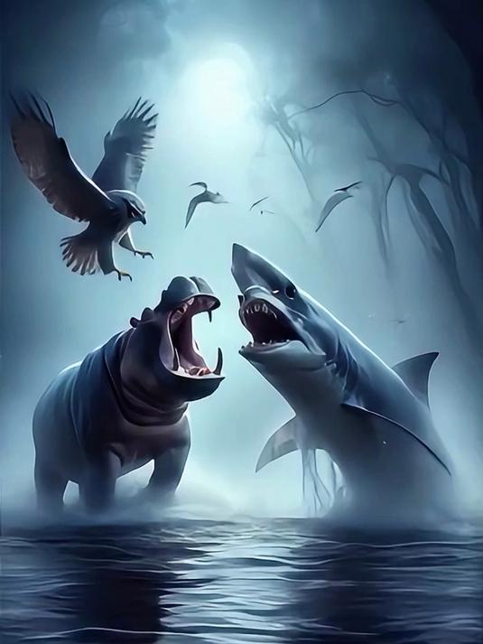 山海经异兽合体!AI动物融合变异,鹰与河马鲨鱼三个融合!