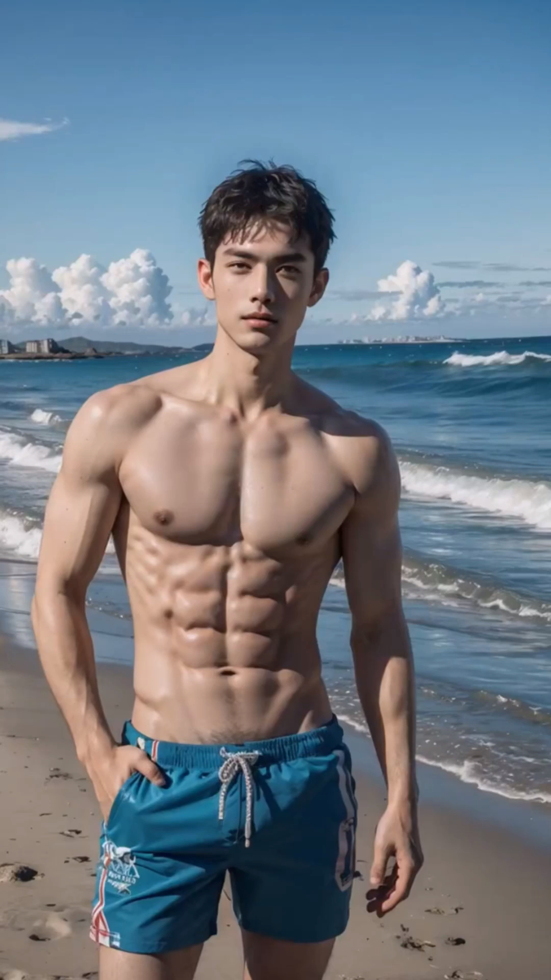 海边肌肉男,型男典范,健身的魅力无法挡!