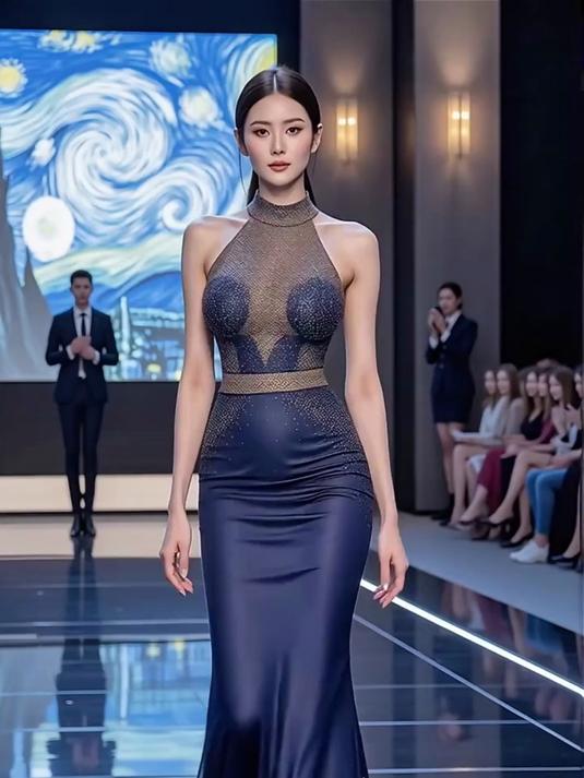 深蓝色挂脖鱼尾裙，优雅大气 T 台秀，蓝色系修身礼服