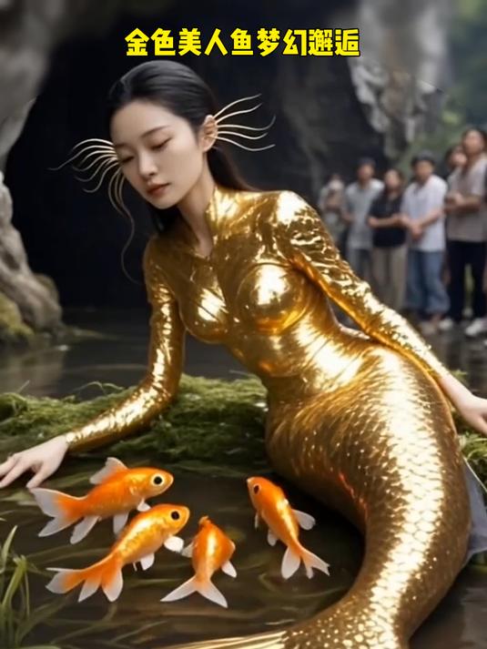金色美人鱼与小金鱼嬉戏,梦幻场景让人惊叹