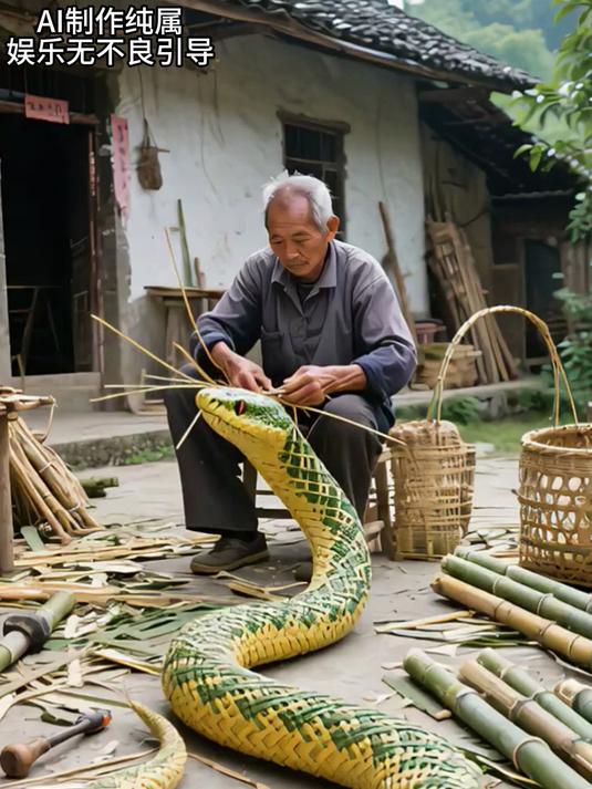 老人竹编蛇形工艺品，非遗技艺里的乡土匠心