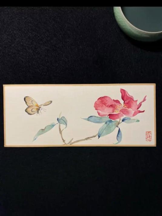山茶蝴蝶 没骨画 古风 手绘 国画