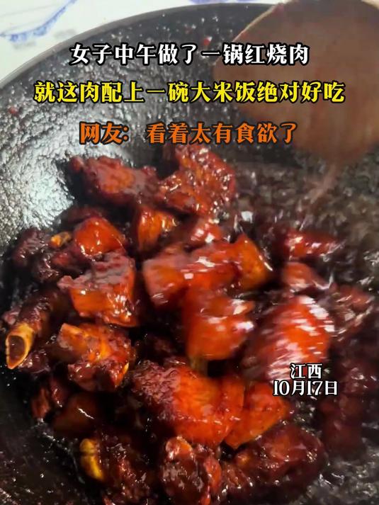 女子中午做了一锅红烧肉,就这肉配上一碗大米饭绝对好吃