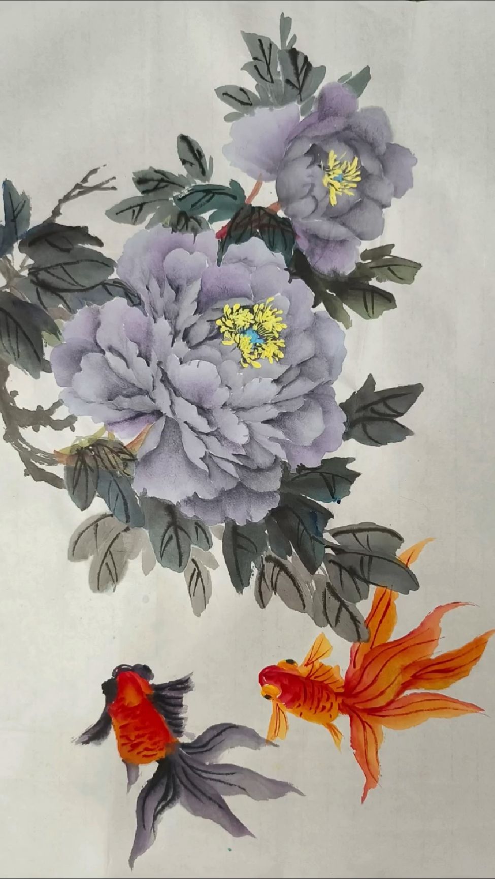 国画墨牡丹和金鱼