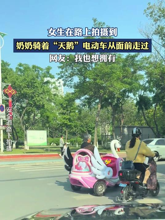 女生在路上拍摄到，奶奶骑着“天鹅”电动车从面前走过