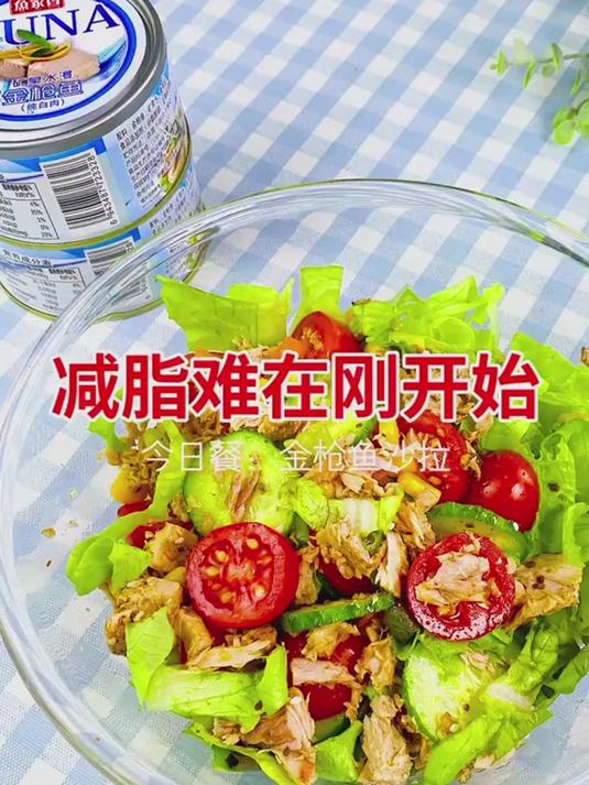 #减肥 #减脂餐 超级低卡的金枪鱼蔬菜沙拉，这么大一碗不到200卡，非常适合减脂期食用！#
