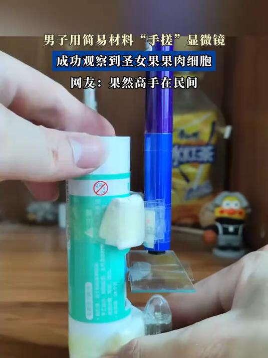 男子用简易材料“手搓”显微镜,成功观察到圣女果果肉细胞