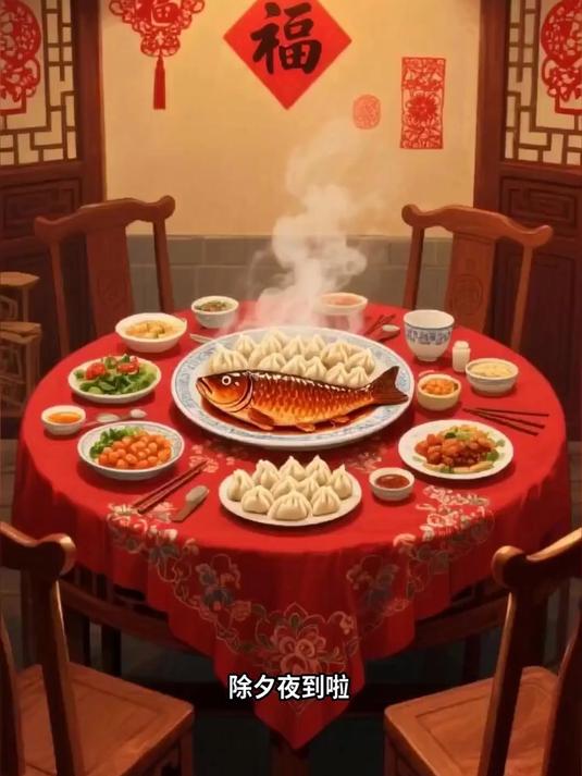 除夕年夜饭阖家团圆吃饺子鱼
