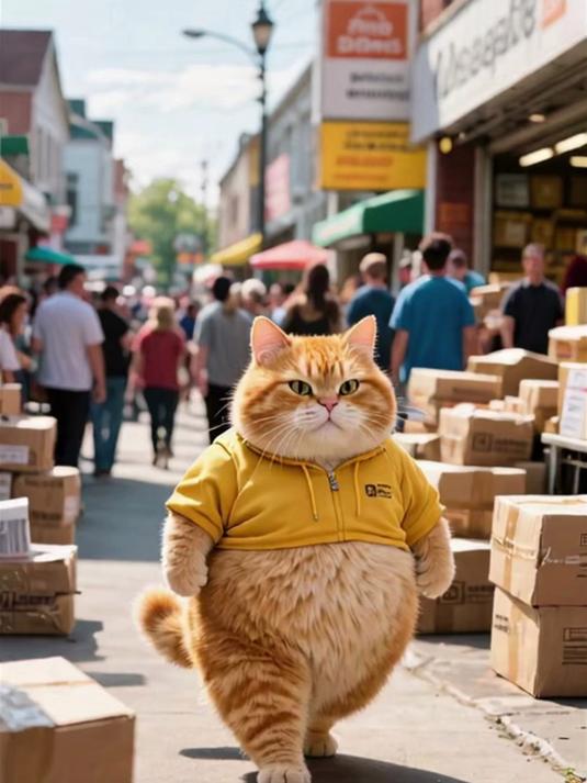 橘猫帮快递员看包裹,蹲箱旁不挪窝,叼着小鱼干晃尾巴!