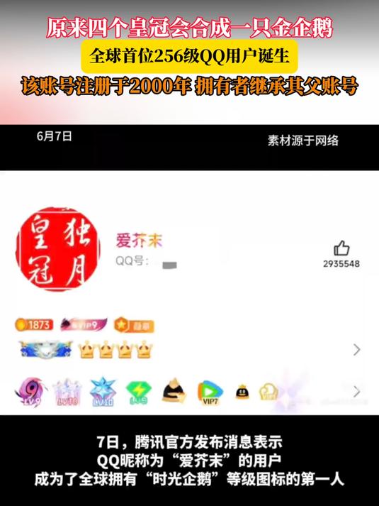原来四个皇冠会合成一只金企鹅,全球首位256级QQ用户诞生
