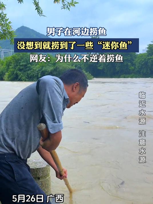 男子在河边捞鱼,没想到就捞到了一些 “迷你鱼”