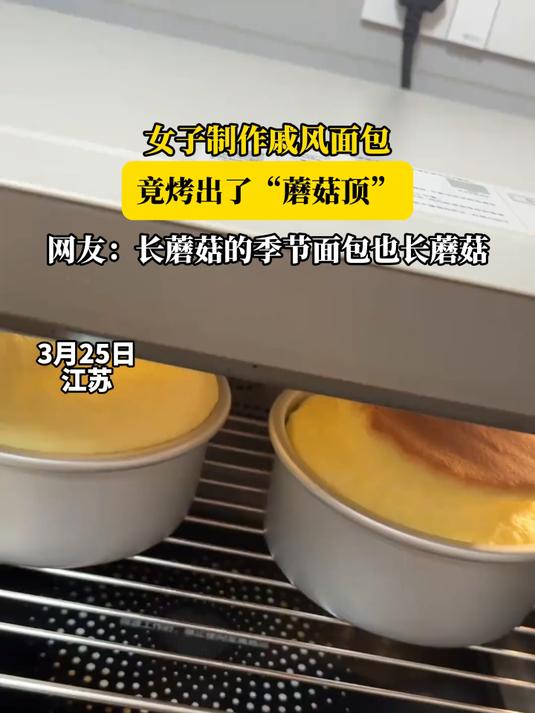 女子制作戚风面包,竟烤出了“蘑菇顶”,网友:长蘑菇的季节面包也长蘑菇