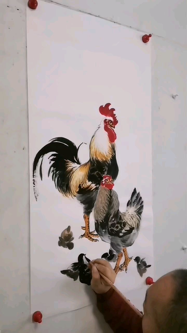 王兴民国画公鸡,群鸡