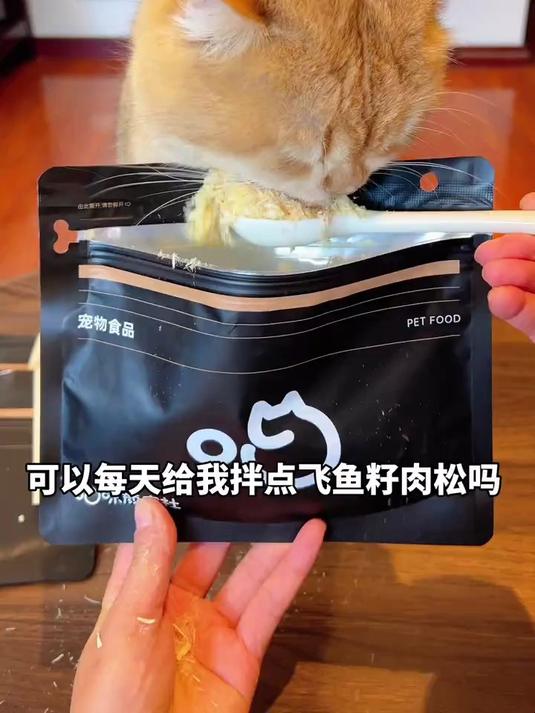 添加了飞鱼籽和蛋黄的肉松,拌在猫粮里,宝贝特别爱吃