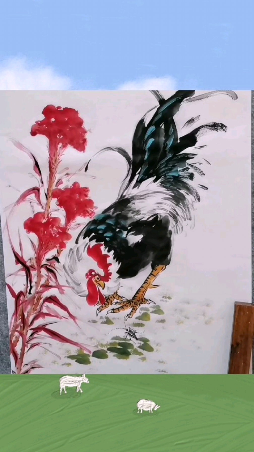 王兴民国画公鸡:加冠图