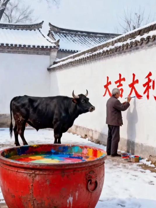 大爷画墙绘,老牛跳进颜料缸,秒变 “五彩神牛” 上墙