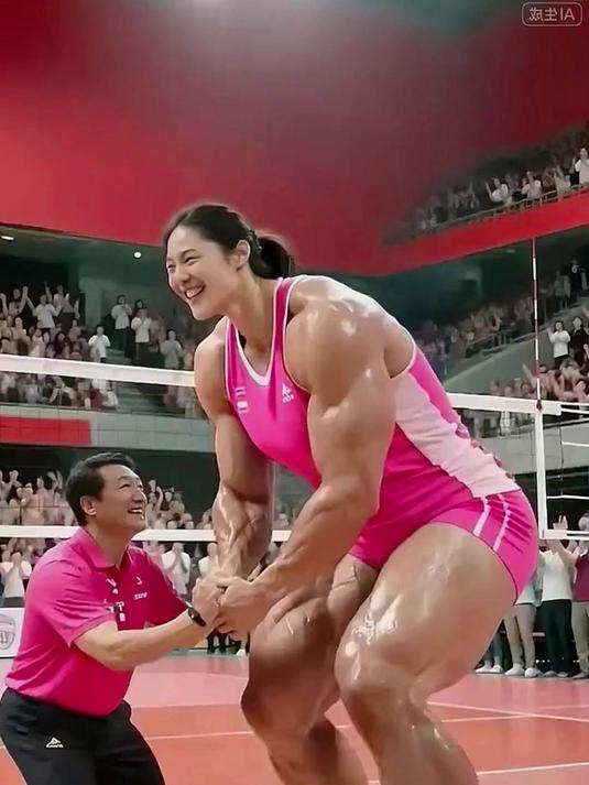排球场惊现“肌肉女战神”！身着粉色队服的她，肌肉线条炸裂