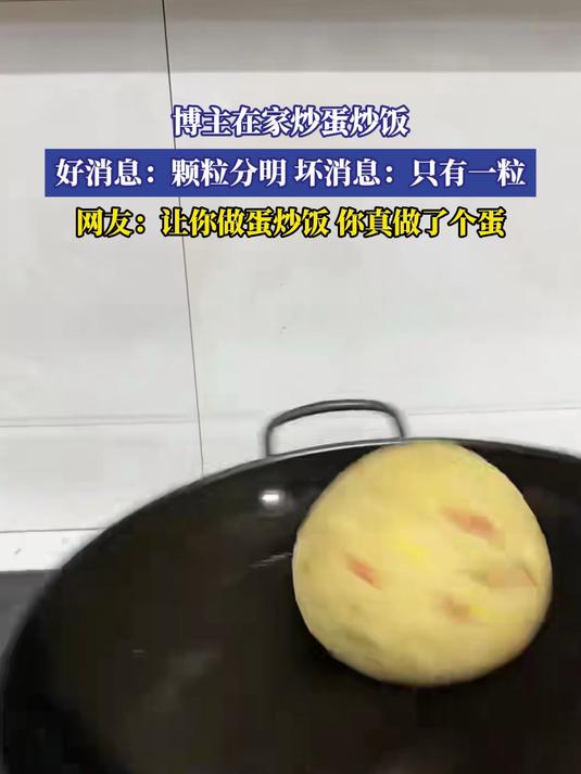 博主在家炒蛋炒饭,好消息:颗粒分明,坏消息:只有一粒