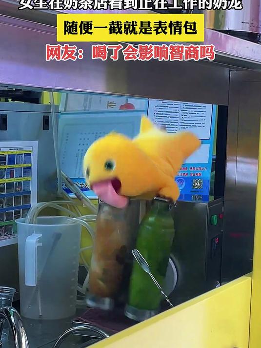 女生在奶茶店看到正在工作的奶龙,随便一截就是表情包