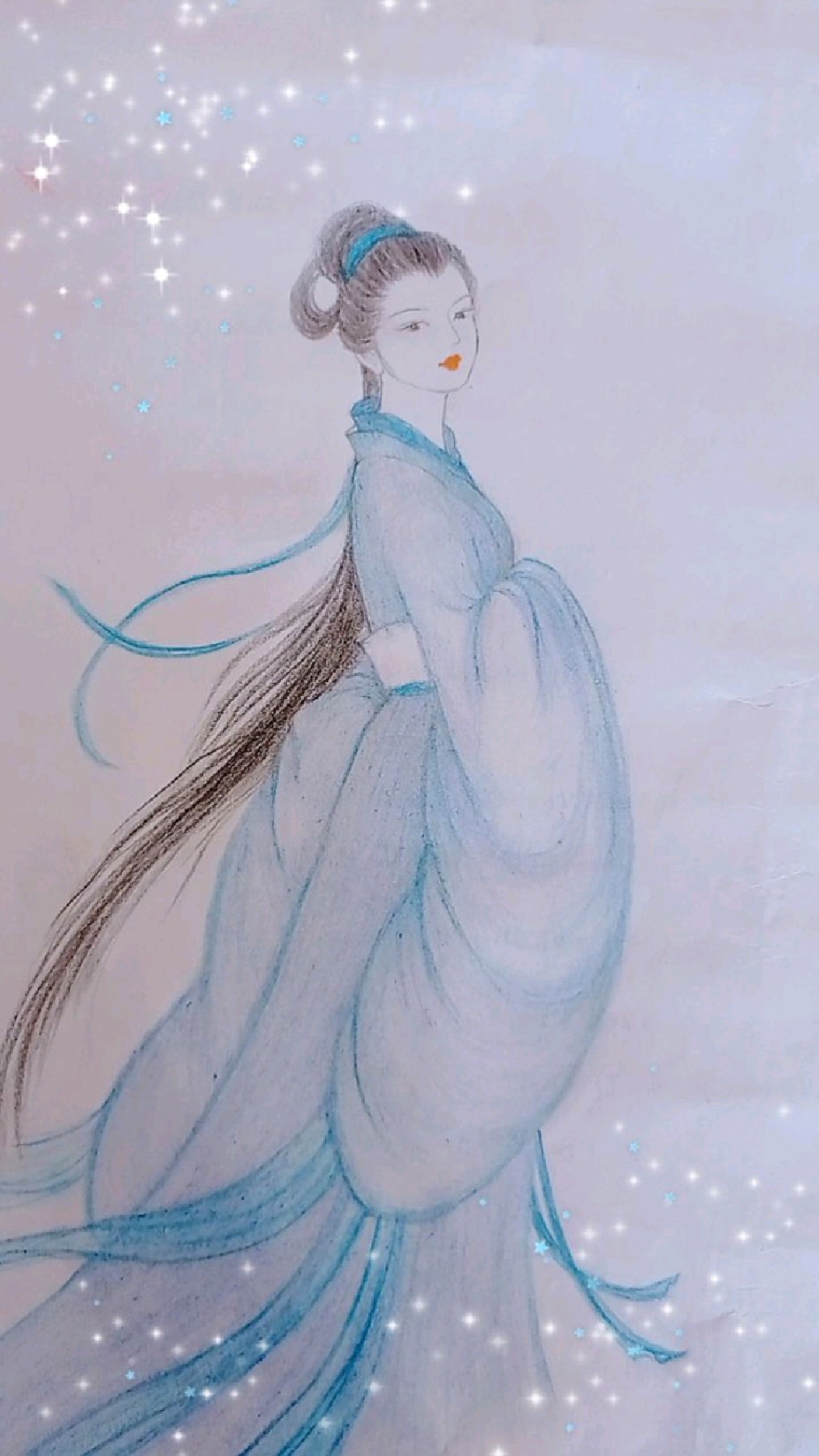 画一位如星辰般灿烂,飘逸清丽的蓝衣古风女子,原创铅笔画小视频