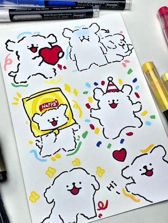 丙烯马克笔|超可爱的简笔画线条小狗合集