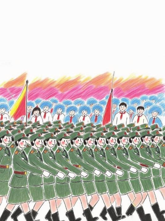我盼阅兵展国威,儿以丹青画军威
