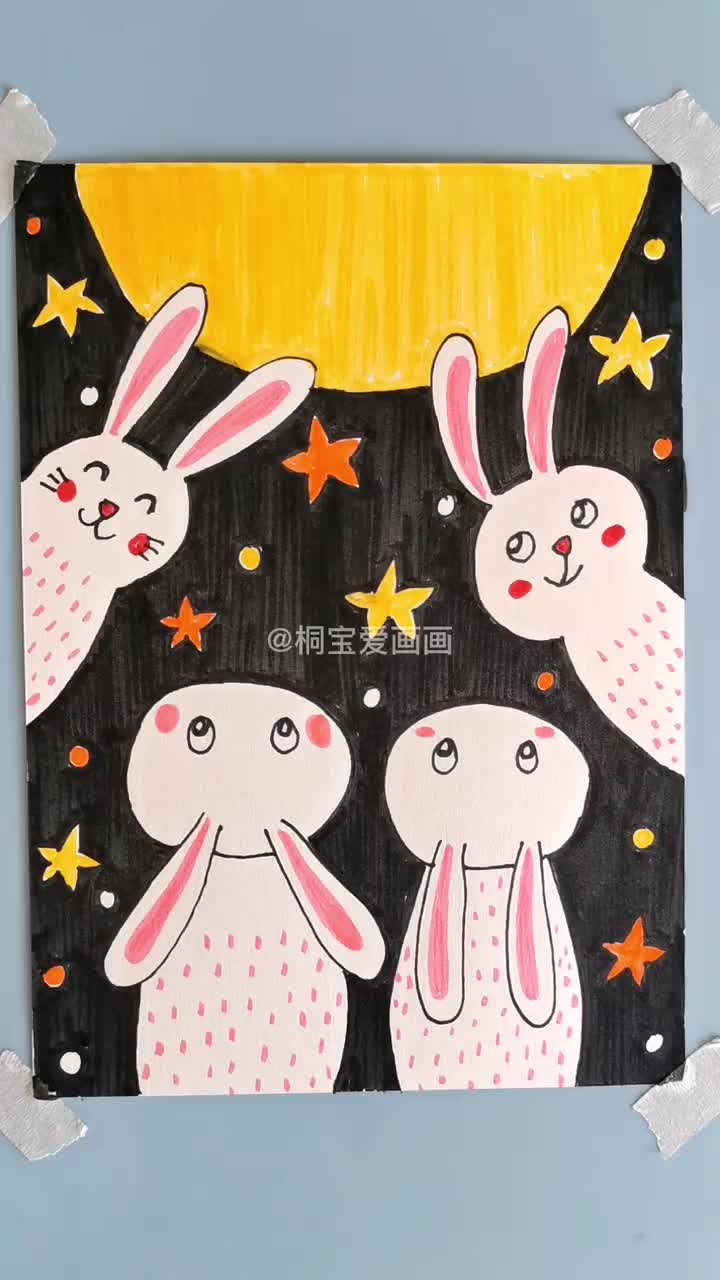 中秋节主题创意儿童画:赏月的小兔子