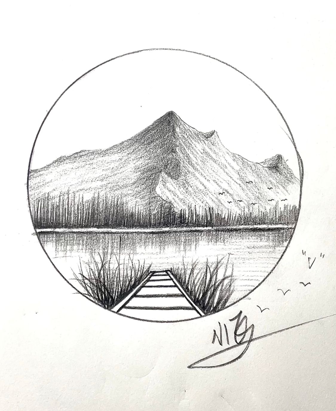 山峰小湖风景画,一看就会简简单单,一起画画吧