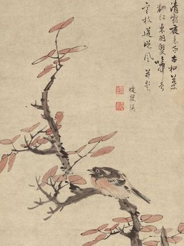 明代大画家画“红叶秋禽”,高树枝头,小鸟俊美 国画 国画艺术