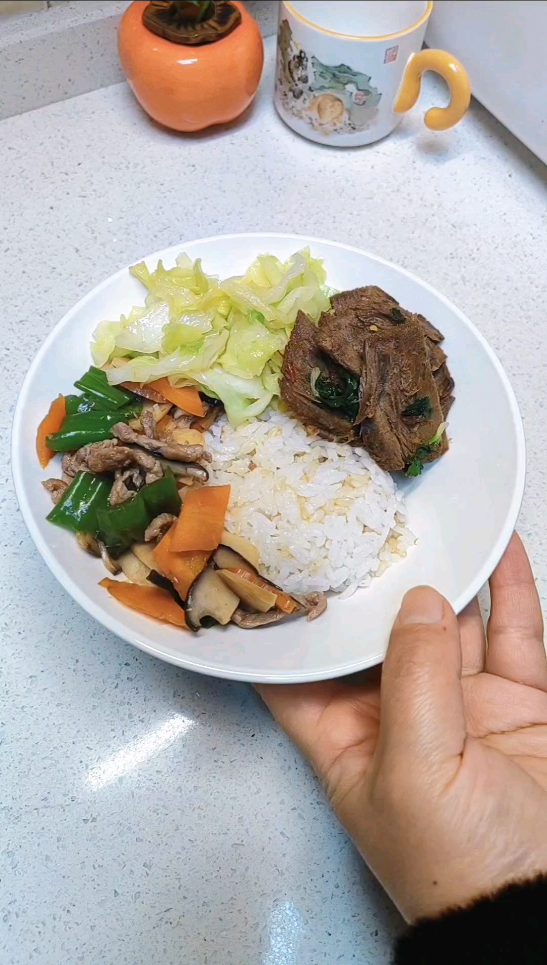 挑战180天瘦40斤第二天的午餐,糙米饭杏鲍菇炒杂蔬卤牛肉