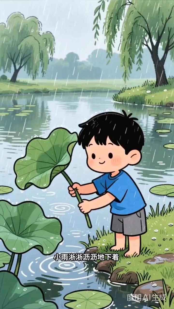 小明荷叶当伞引小狗效仿,雨中上演萌趣绿伞队