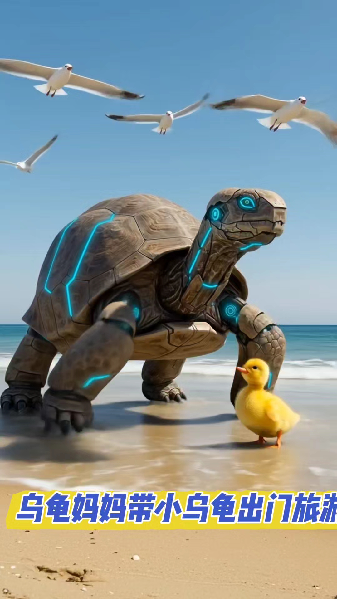 大乌龟真的很可爱,背着小鸭子回家