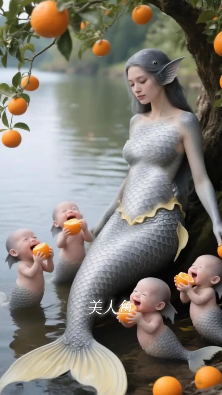 美人鱼在河边吃了橙子。