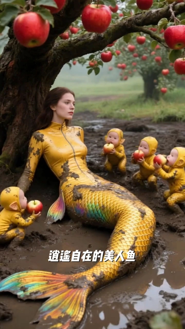 美人鱼妈妈带着小宝宝在吃苹果