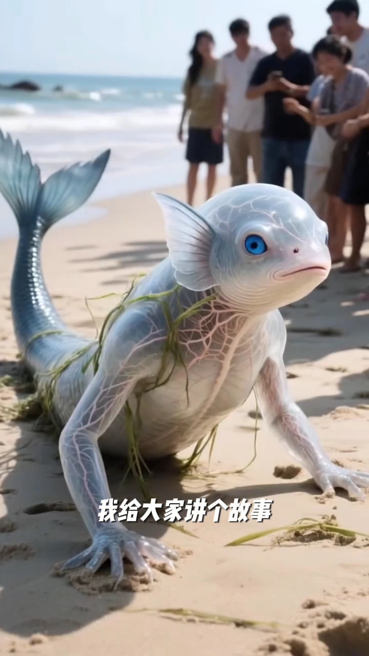 这美人鱼在沙滩上再带两被大家发现了拿起手机拍照片
