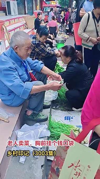老人卖菜,胸前挂个钱口袋 寻味烟火气 宣传正能量 原创视频 关爱老人 百姓生活