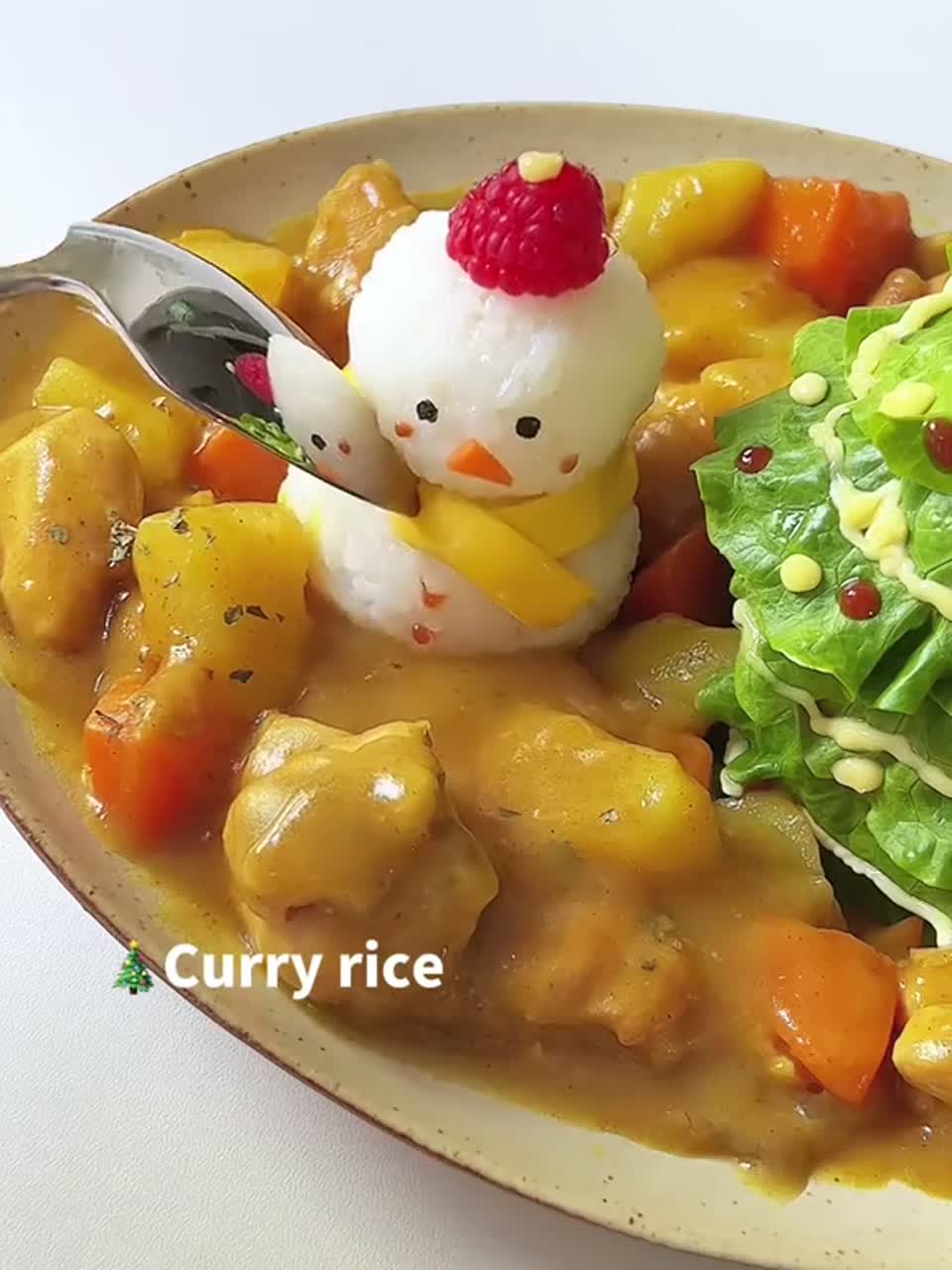 圣诞雪人土豆咖喱鸡肉饭，超可爱，做法简单又好吃