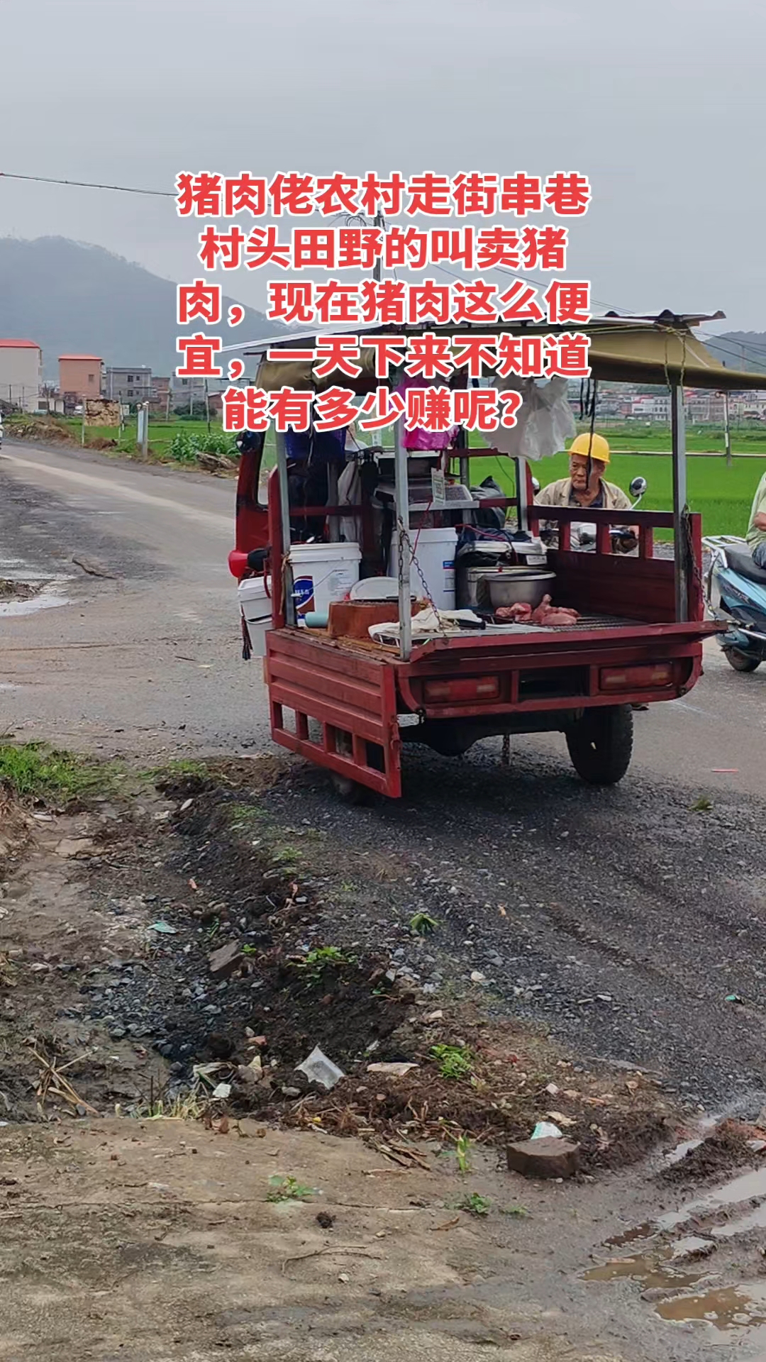 猪肉佬农村走街串巷村头田野的叫卖猪肉，现在猪肉这么便宜，一天下来不知道能有多少赚呢？