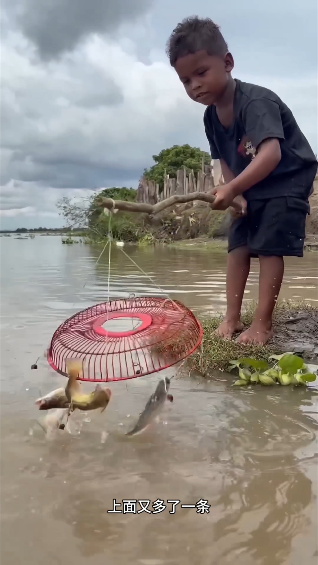 小男孩捕鱼太牛了,随便撤一网都能收获满满