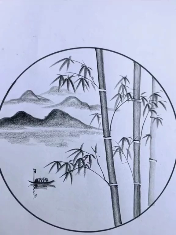 素描简笔画,竹林观孤舟