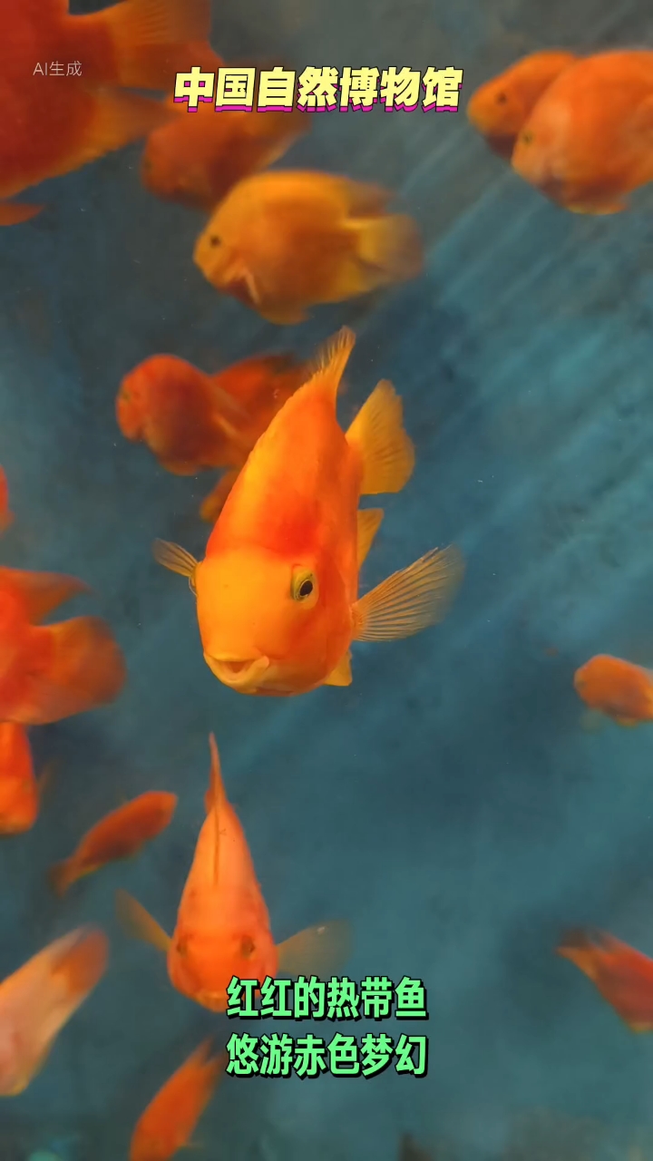 国家自然博物馆,水族馆里正在轻舞赤色身姿的热带鱼。