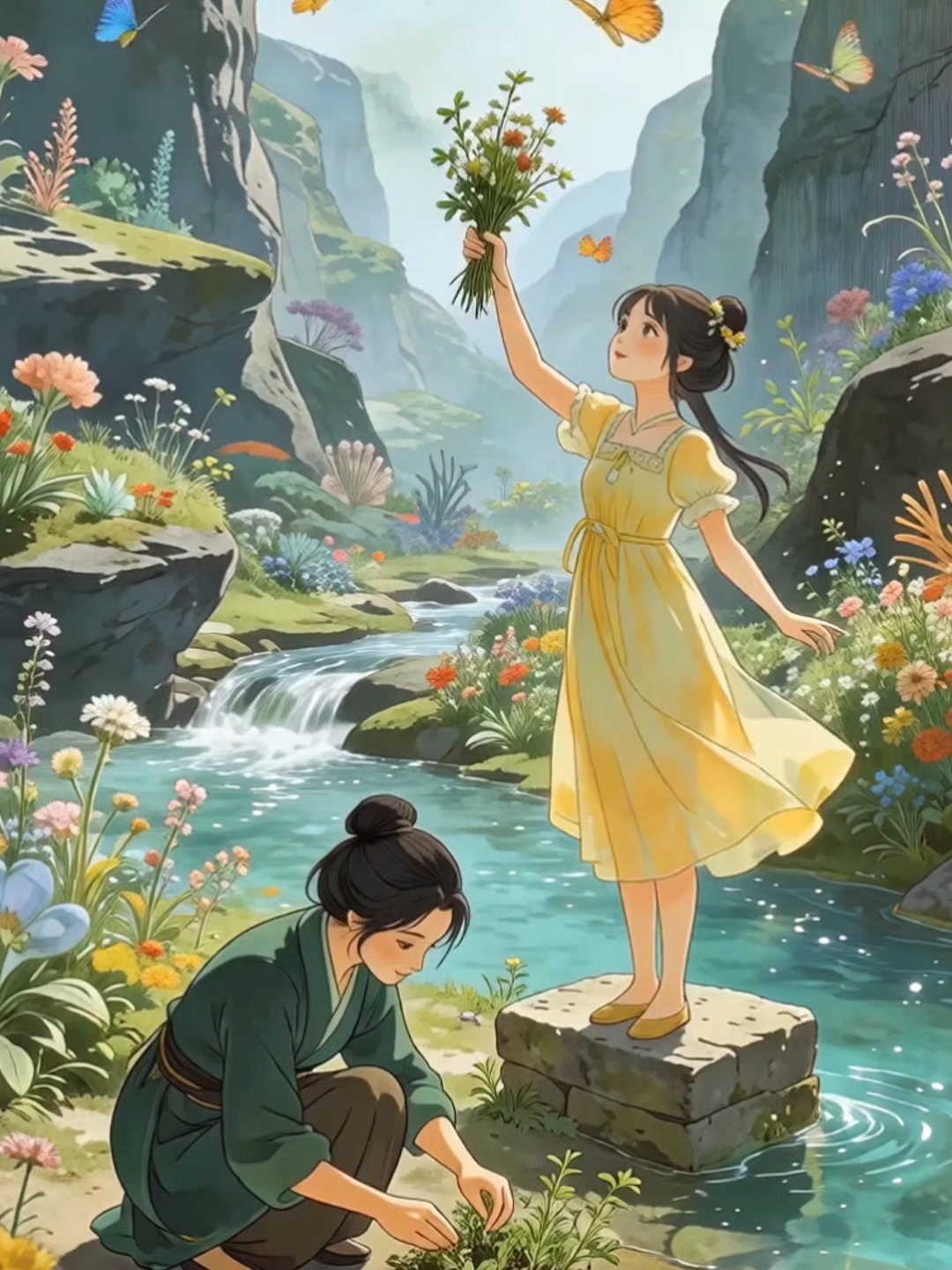 梦幻仙境中,两位少女与蝴蝶共舞,春意盎然。