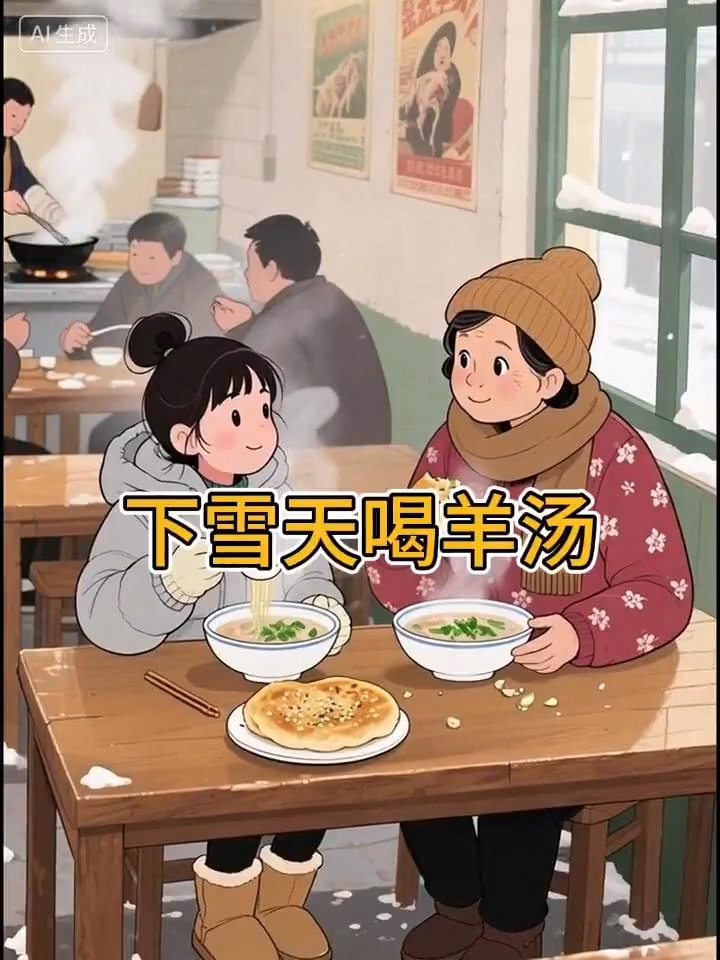 下雪天来一碗热乎乎的羊汤太暖和了#治愈系插画