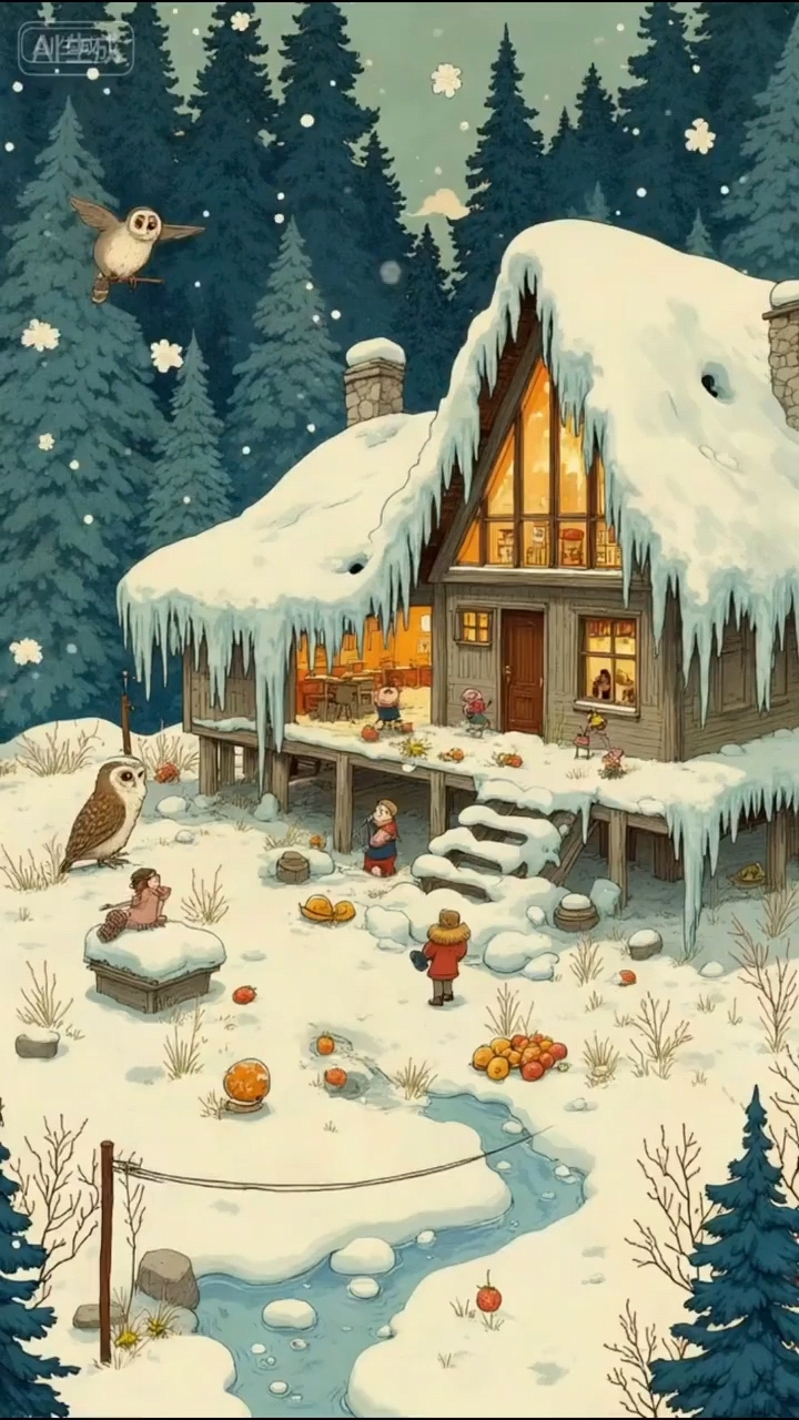 雪景治愈系插画|雪地小屋,暖洋洋的冬天