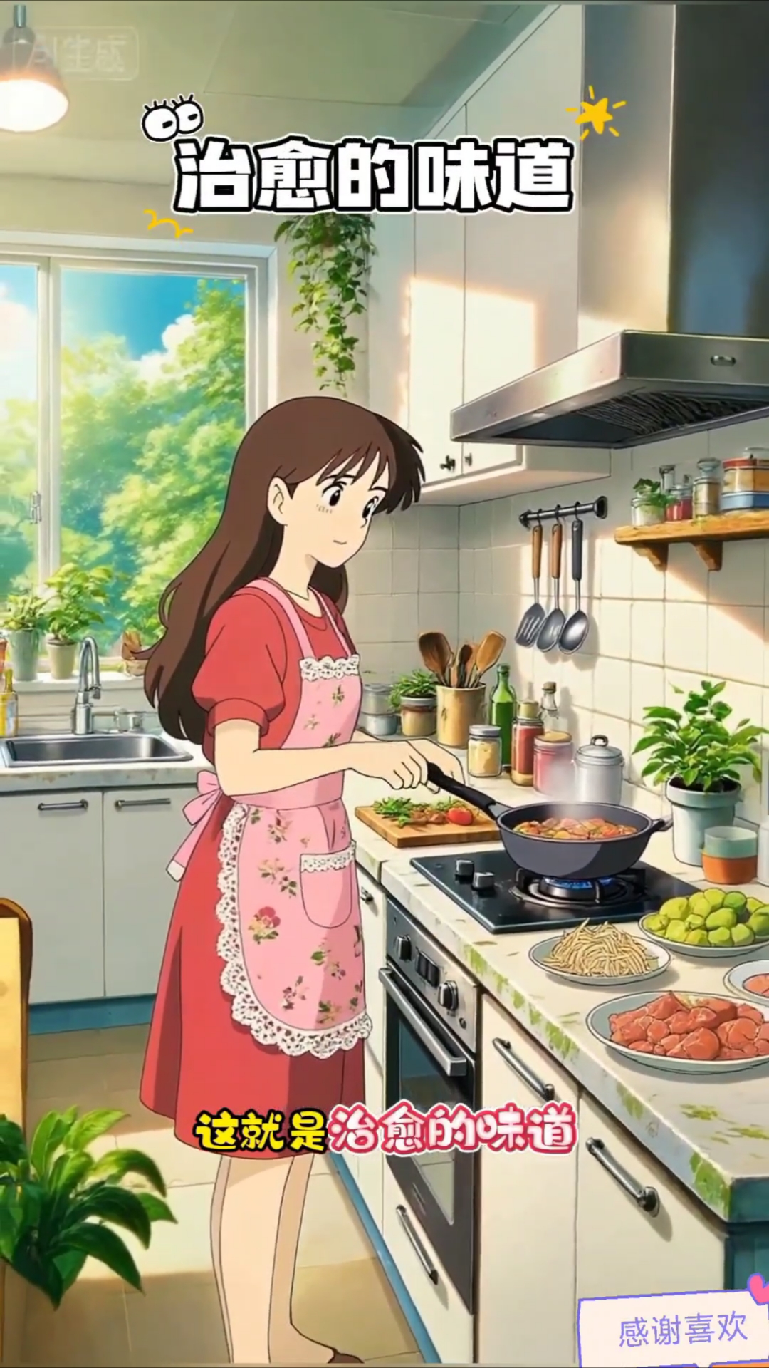 阳光、灶台、新鲜食材,围裙一系,把日子炒出香气,治愈系插画