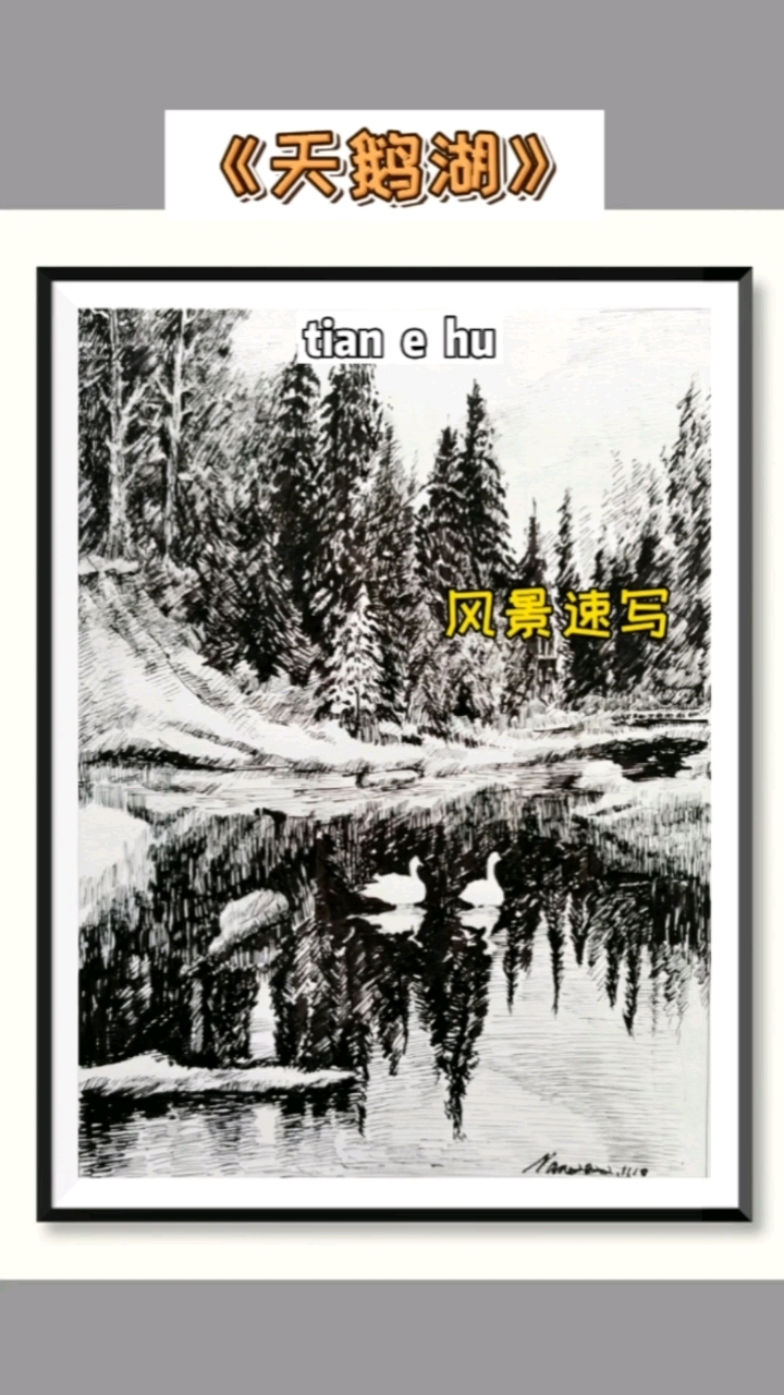 钢笔画《天鹅湖》