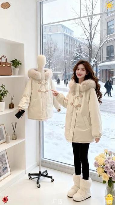 米杏色牛角扣派克羽绒服女2025冬季新款大毛领加厚工装白鸭绒外套 米杏色牛角扣