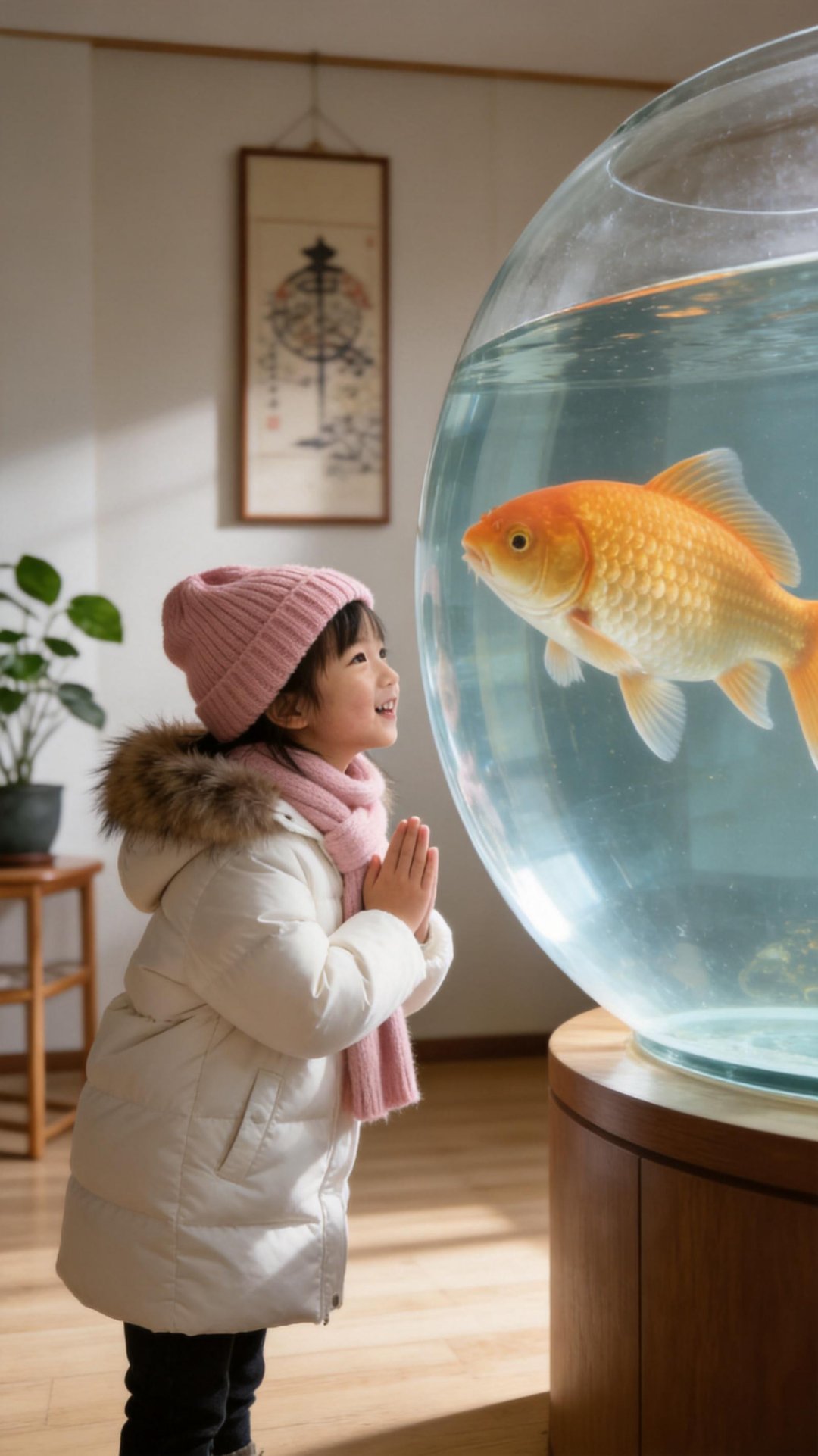 小主人在观察鱼缸里的金鱼
