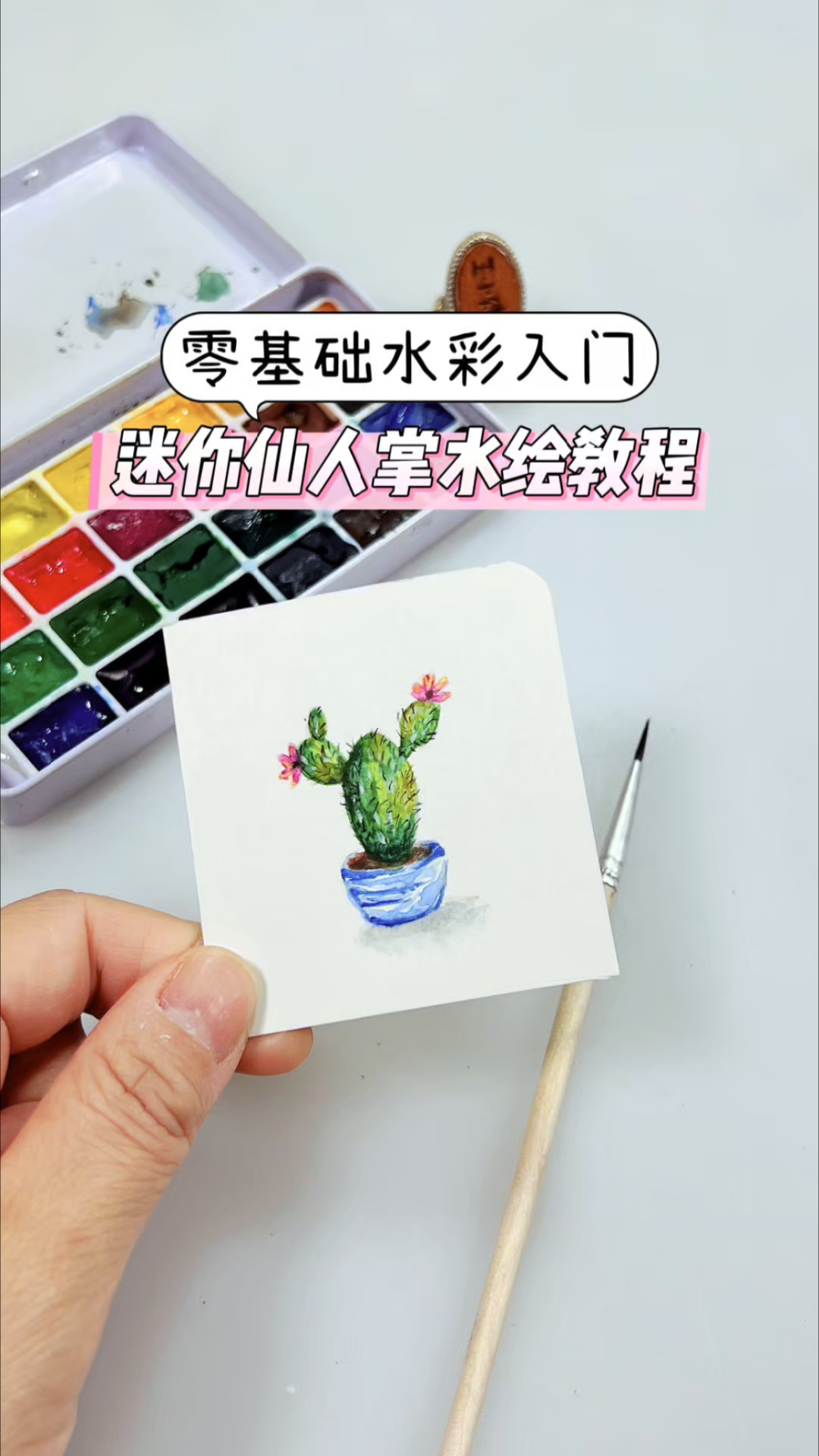 零基础水彩入门,迷你仙人掌手绘教程
