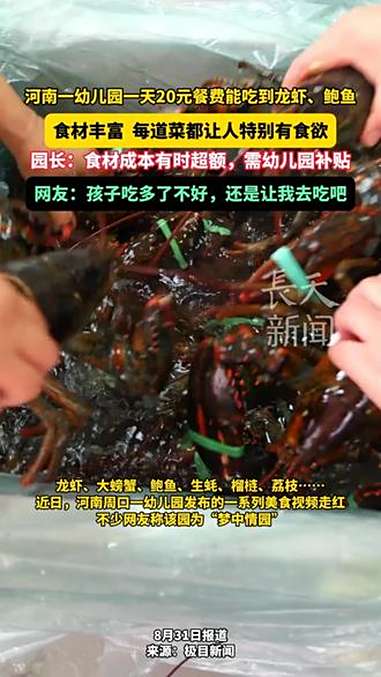 河南一幼儿园一天20元餐费能吃到龙虾、鲍鱼，食材丰富，每道菜都让人特别有食欲！园长：食材成